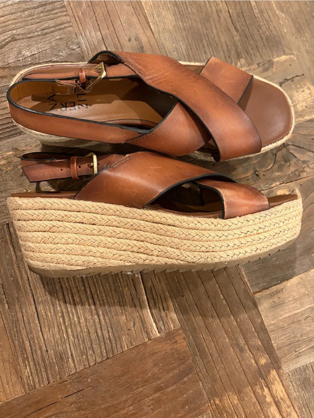 Naturalizer Brown Leather Crisscross Espadrille Wedge Sandals - Size 8.5